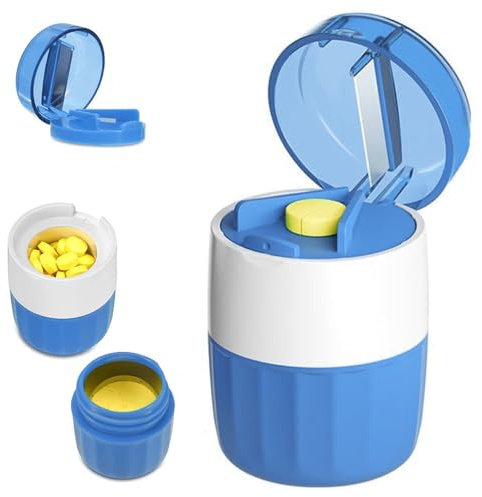 BIZOI Tablettenmörser 3-in-1, Pillenmörser mit Stößel zum Tabletten Zerkleinern, Tablettenteiler & Tablettenschneider, Edelstahl-Schleifkopf, BPA-Frei, Tablettenzerkleinerer mit Tablettenfach
