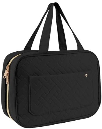 FitDA Neceser Mujer Viaje Grande, Neceser Maquillaje Organizador Colgante, Bolsa Aseo Mujer Impermeable, con 4 Compartimentos y Bolsillo PVC, Makeup Bag para Vacaciones, Gimnasio y Viajes - Negro