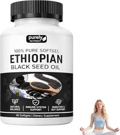AEEHFENG Purely Ethiopian Black Seed Oil Capsules, Purely Nutrient Ethiopian Black Seed Oil, Organic Cold Pressed, Non-GMO, Gluten-Free, 60 Softgels (1 Bottle)