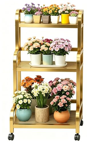 Guldsmide 3-vånings växtställ, 107 cm högt blomsterställ i stegestil med hjul, hållbar förvaringshylla för flera ändamål(60x40x107cm)