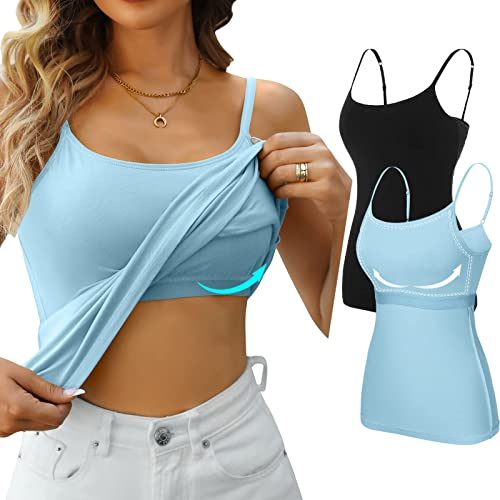 CharmLeaks 2 Pack Women Summer Cotton Camisole Tops Strappy Gym Vest, Black & Light Blue, M