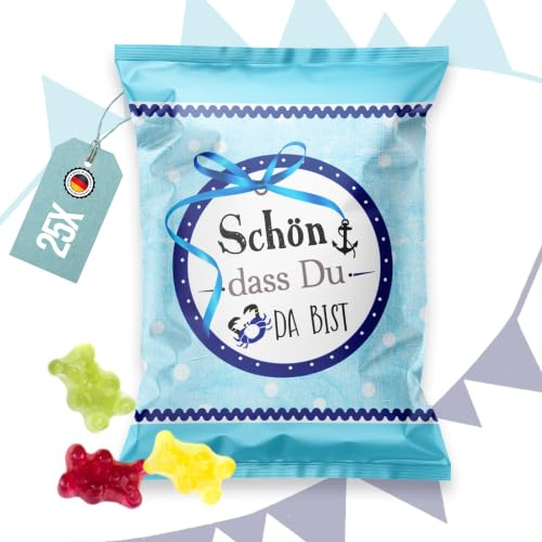 Logbuch-Verlag 25 Schön dass du da bist Gastgeschenke mini Geschenke blau weiß Gummibärchen für Taufe & Konfirmation