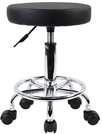 KKTONER PU Leather Round Rolling Stool with Foot Rest Swivel Height Adjustment Spa Drafting Salon Tattoo Work Office Massage Stools Task Chair Small (Black)