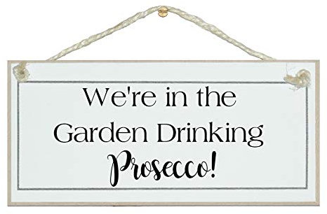 We're in the garden drinking Prosecco. Gorgeous shabby chic sign