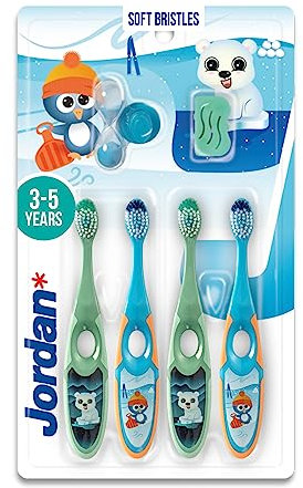 Jordan ® | Step 2 Toothbrush for Children | Toothbrush for Ages 3 to 5 Years | Soft Bristles, Double Ergonomic Handle and BPA Free | Blue & Green Colour | Pack of 4