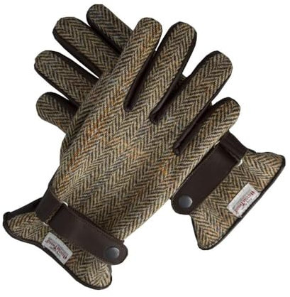 Walker & Hawkes - Herren Handschuhe - aus schottischem Harris-Tweed & Leder - Overcheck-Tartanmuster - Sandweiß - S
