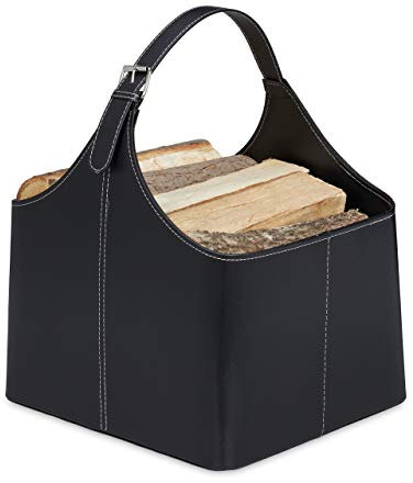 Relaxdays Porta Legna per Interni, Trasporto & Contenitore in finta pelle, Cesto, Accessori per il Camino con Manici, Nero