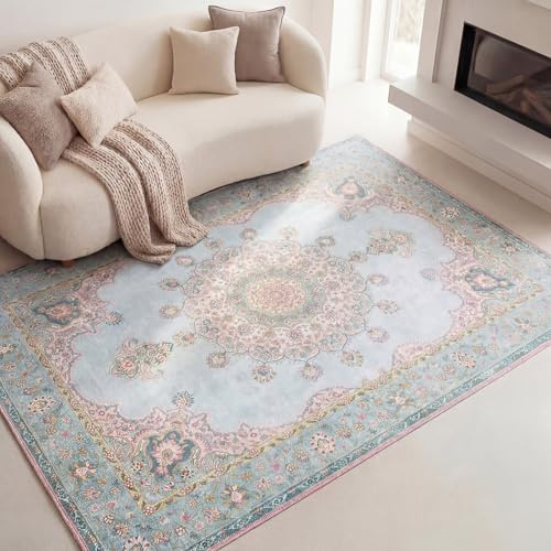 Vintage Teppich - Lily Medaillon Hellblau Türkis - 80x150 cm | Baumwolle, Polyester - Flachgewebe - Vintage - Klassik - Wohnzimmer, Esszimmer, Schlafzimmer