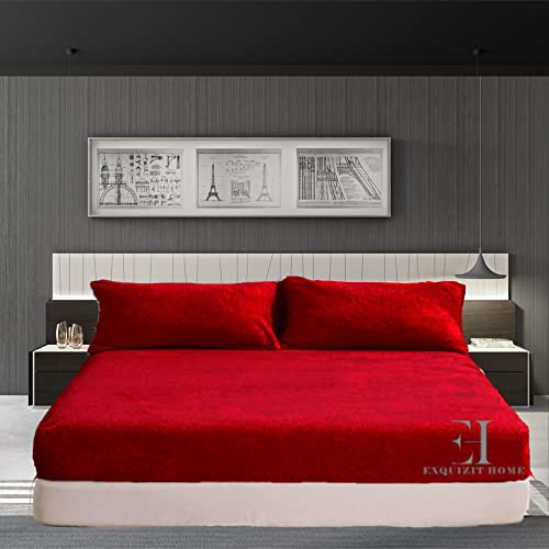 EXQUIZIT HOME® - Sábana bajera ajustable de forro polar extraprofunda, súper suave, cálida y acogedora, de estilo oso de peluche – Ropa de cama térmica ultrasuave para invierno (Rojo 4 pies pequeña