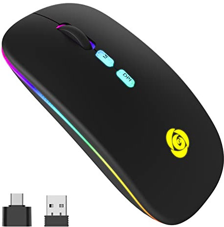 Mouse Wireless, Wireless Ricevitore USB a 2.4G Tipo C, mouse Bluetooth Ricaricabile, 7 Colori, Sottile 3 DPI 800/1200/1600, Mouse Silenzioso Compatibile con iPad/PC/Mac/Windows