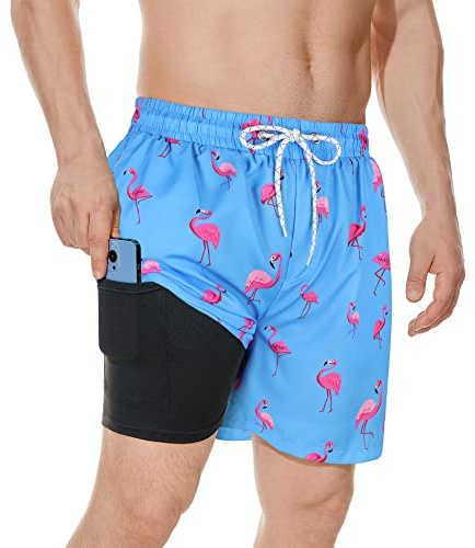 American Trends Men's Swim Trunks 7 Inch with Compression Liner Quick Dry Swim Shorts for Men Beach Board Shorts Bathing Suit with Pockets Large A Sky Blue Flamingo