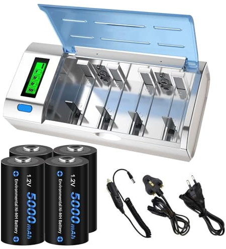 CITYORK Universal LCD Display Battery Charger with Discharge Function for AA, AAA, C, D, 9V Ni-MH/CD Rechargeable Batteries (4 x Ni-MH C Size 5000mAh Battery) with UK Standard Charging Cable