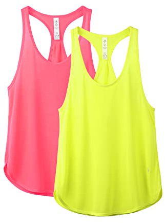 icyzone Damen Sport Top Locker Fitness Yoga Shirt Racerback Tank Tops Sport Oberteile, 2er Pack (M, Neon Pink/Neon Yellow)