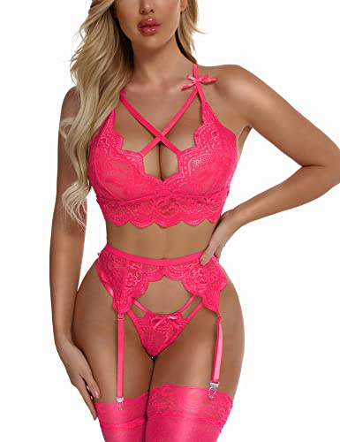 EVELIFE Damen Sexy Dessous Set mit Strumpfgürtel Spitze BH und Höschen Set Hohe Taille Strapsen Dessous Ohne Strümpfe (Rosa,L)