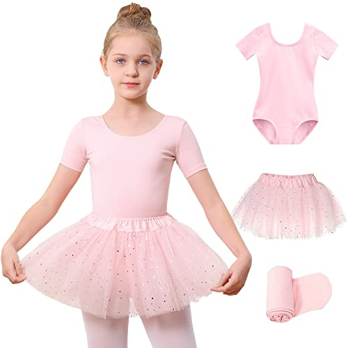 Stelle Girls Ballet Leotards Toddler Dance Outfit Combo with Shiny Tutu Skirt and Tights (Ballet Pink,4-5 Years)
