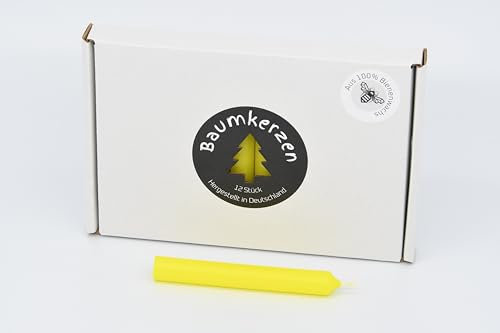 Premium Baumkerzen 12 Stück aus 100% EU Bienenwachs farbig bunt glatt 13x98mm Christbaumkerzen (Gelb)