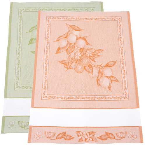 Filet - Set di 2 Canovacci per Cucina in Jacquard con Inserto in Tela Aida 55 Fori da Ricamare, Ideali per Asciugare le Stoviglie, Made in Italy, Disegno Limoni, Colore Arancione e Verde