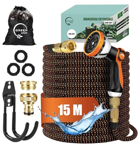 GREENGOF Manguera de Jardín Premium 15 Metros - Boquilla de Pulverización de 10 funciones, Ligera y Extensible - Conectores de Latón y Alta Resistencia con Núcleo de Látex - Color Naranja.