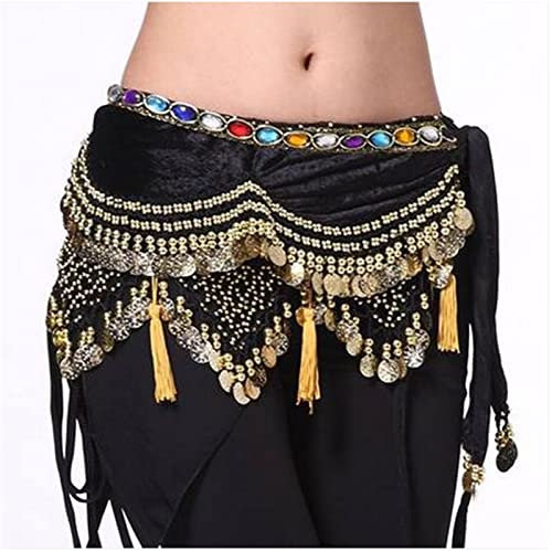QUNINE Bauchtanz-Gürtel für Damen, Hüfttuch, Bauchtanz-Kostüme, Samt, Laterne, Goldmünzen, Bauchtanz, Hüfttuch (schwarz, Einheitsgröße)