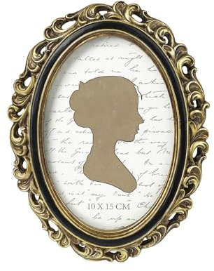 Sunlit Vintage Picture Frame 4x6 Inch, Oval Antique Photo Frames with Glass Front, Luxury Photo Display, Tabletop Wall Hanging, Gold Black