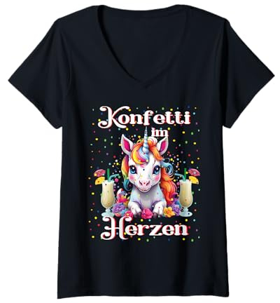 Damen Einhorn konfetti im Herzen Kostüm Karneval Kostüm Faschings T-Shirt mit V-Ausschnitt