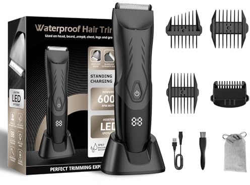 zuxify Electric Body Hair Trimmer for Men, Waterproof Pubic Hair Groomer for Mens with Safety Ceramic Blades, Body Hair Trimmer Men with Head Spotlight, USB Recharge Dock, LED Display
