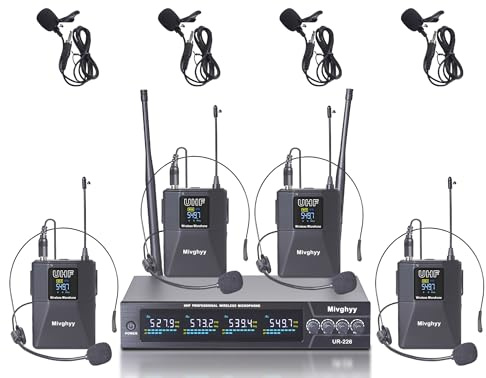 Wireless Microphone System with Headset/Lapel Lavalier Mics, 4x50 UHF Channels, OLED Screen Bodypack, Metal Receiver, 164FT Range for Church Wedding, Band Gigs, Musical Performance, Presentation