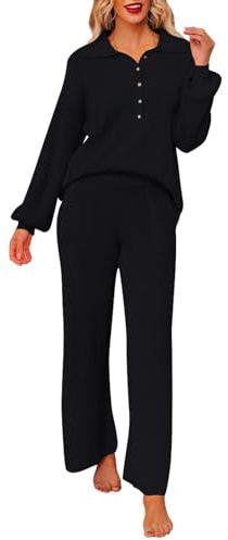 Sovoyontee Frauen 2-teilige Outfit Pullover Set Langarm Knopf Strick Pullover Top Weite Bein Hosen Pocket Sweatsuit Schwarz S