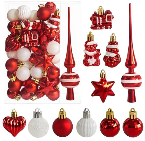 34 Stück Weihnachtskugeln mit Baumspitze Set,Ø3/4.5/5.5cm Kleine Christbaumkugeln Kunststoff Rot Weiß Kugeln Mini Weihnachten Weihnachtsdeko Tischdeko Tannenbaum Weihnachtsbaum Deko Ornamente