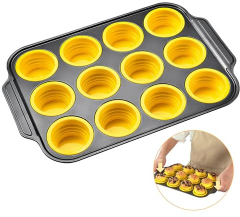 Foyucool Plegable Molde de Silicona para Magdalenas, Molde para 12 Magdalenas, Press to Release, Antiadherente Molde Muffins, Bandeja para Muffins de Calidad Alimentaria, Molde para Tartas, Amarillo