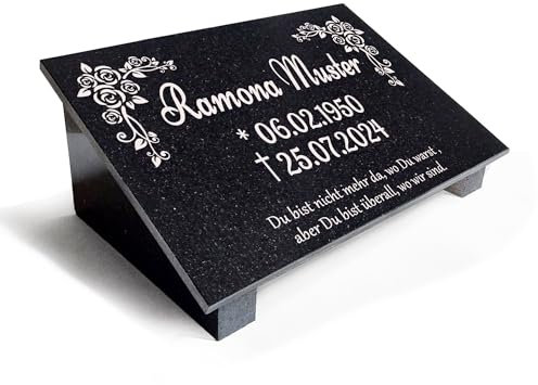 Granit Grabplatte Grabtafel personalisiert Grabstein mit Stützen, Motiv Gravur wetterfester Inschrift Gedenktafel, Grabkissen MA5 (30x20cm mit Stützen)