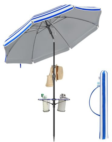 SONGMICS Parasol 160 cm, UPF 50+, Inclinaison de 30° des 2 Côtés, Hauteur Réglable, Petite Tablette, Crochets, Adapté pour Plage, Jardin, Sans Base, Bleu et Blanc GPU0080Q02