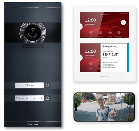Metzler VDM10 2.0 Video Sprechanlage Komplett Set - mit austauschbarem Namensschild - LAN/POE - Türsprechanlage mit HD-Kamera für 2 Familienhaus, Smartphone App, in Anthrazit aus V2A Edelstahl