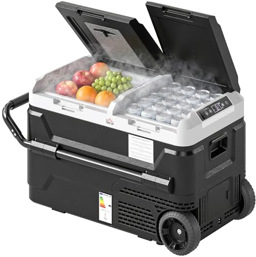 HOMCOM Nevera Portátil Eléctrica 40L 12/24/240V Refrigerador de Coche con Compresor Doble Zona Luz LED Pantalla Modos ECO y MAX de -20℃ a +20 ℃ Asa Telescópica para Viajes Camping Hogar Barco Negro