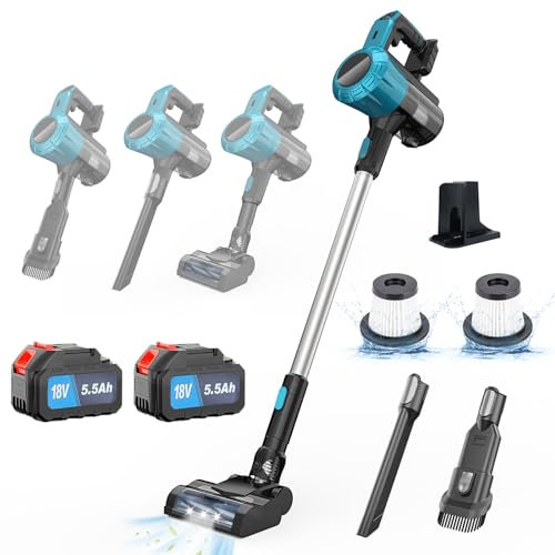 Kabelloser 6-in-1 Akku-Staubsauger für Makita 18V Akku mit 45000Pa/550w/60Mins, Staubsauger Kabellos mit 2PCS 5500mAh Batterien 0.6L Staubbehälter für Teppich, Hartböden, Tierhaare, Auto, Zuhause