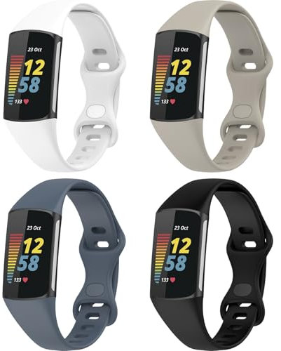 QHBAMD 4 Pack Compatible with Fitbit Charge 5/Charge 6 Watch Bands, Soft Slim Silicone Waterproof Sport Strap Replacement Wristband for Fitbit Charge 5/6 Fitness Tracker (Black+ White+ Rock Gray+ Blue