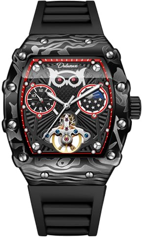 DAXIAOYU Mode uggla skelett automatisk klocka för män Tourbillon mekaniskt armbandsur lysande månfas gummirem sport affärsklockor, Svart, rött, Lyx
