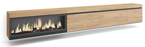 Skraut Home | TV-Schrank, Lowboard | für Wohnzimmer und Esszimmer | 317x45x35 cm | Elektrokamin XXL | Hängend | Moderner Stil | Eiche