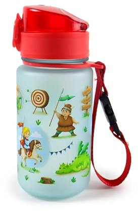 Puckator Knights & Dragons Pop Top 350ml Shatterproof Bottle - Reusable Insulated Active Water Bottle Flask For Girls And Boys With A Carry Handle & Straw - Bpa Free - For School Nursery