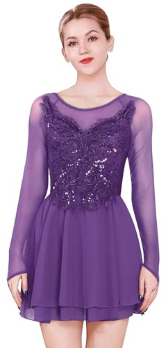 FYMNSI Robe de danse, patinage artistique, à manches longues, pour femme, patinage artistique, compétition, costume de danse avec paillettes, fleurs, en mousseline de soie, robe de ballet, lilas, M