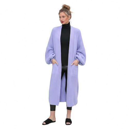 LUXFAB Women's Oversized Balloon Sleeve Long Chunky Ribbed Open Knitted Maxi Jumper, 2 Pocket Cardigan Boyfriend Sweater Top UK Sizes 8-22