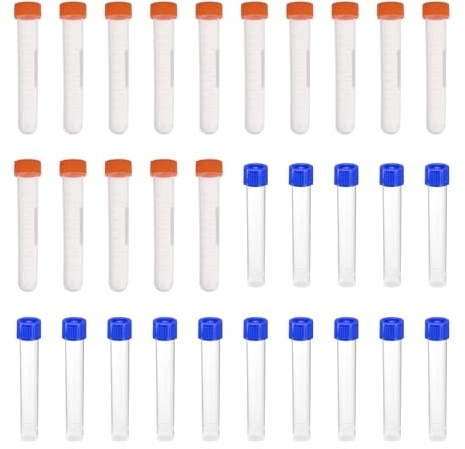HAXIHA 30 Stück 10ML Probenröhrchen,Kunststoff Markiert Röhrchen,Mit Schraubverschluss und Abgestuften Probenbehälter,Reagenzglasprobe Kryoröhrchen für Labor Experimente Orange+Blau
