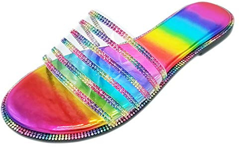 Mules pour femme - Noir pailleté - Élégantes - Strass - En caoutchouc - Confortables - Antidérapantes - Pour la plage - Légères - À bout ouvert - Grande taille, multicolore, 38 EU