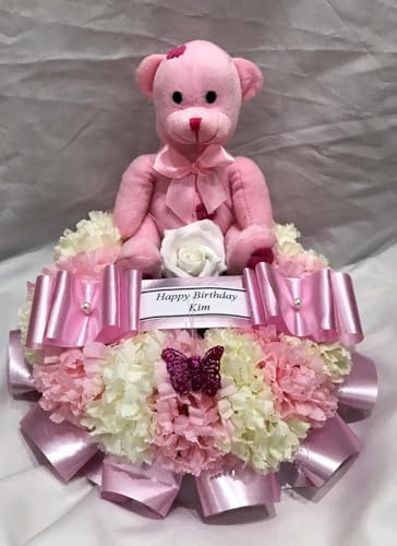 Silky Bouquets Teddy Bear Wreath Ring Funeral Tribute – 10 Silk Flower Wreath with Stripe Effect Carnations & Ribbon Edge | Personalized Memorial with Rose, Bear & Name Sash