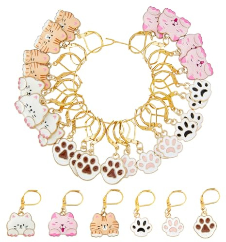 Hobbspring 24Pcs 6 Styles Knitting Stitch Markers with Lobster Claw Clasps Cute Pet Paw and Cat Charm Keychain Alloy Enamel Locking Crochet Markers 34mm for Yarn Needle Crafts Jewelry Earring