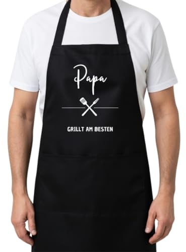 Things of Happiness Grillschürze Papa Grillt Am Besten Schwarz | Grill Schürze Vater mit Tasche | Kochschürze Geschenk Papa Vatertag Herrentag Geburtstag | BBQ Schürze Mann 70x100 cm