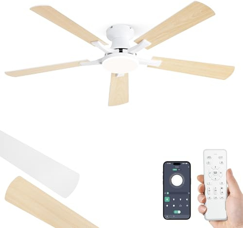 ZMISHIBO 132 cm Deckenventilator mit Licht, App & Fernbedienung, flaches Design, dimmbare 20 W LED, leiser DC-Motor, Deckenventilator für Schlafzimmer & Wohnzimmer, Weiß/Holzoptik