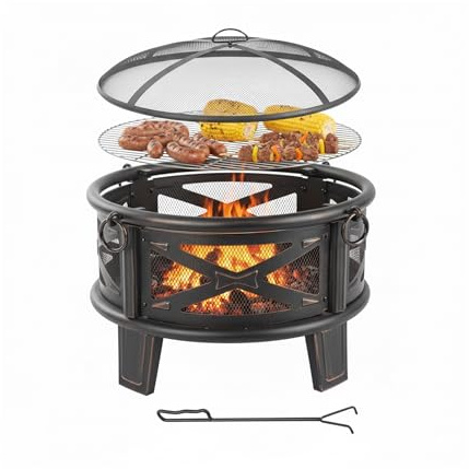 Relaxdays eldskål med grillgaller, gnistskydd & Poker, Ø 66 cm, svart/brons, 58 x 66 x 66 cm