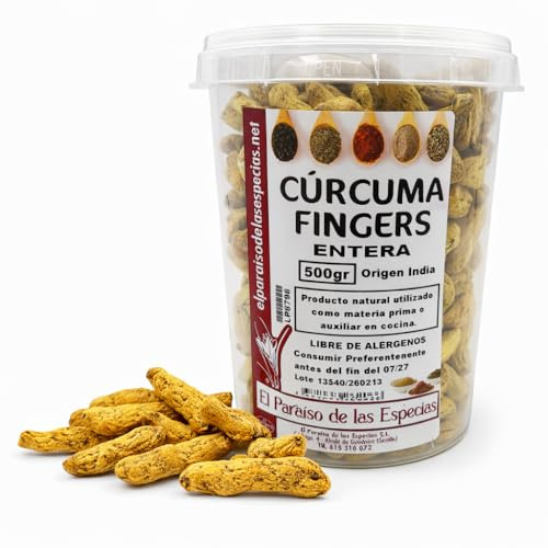 Cúrcuma Fingers Entera – 1 Bote de 500 g – Raíz de Cúrcuma Natural Seca – Origen India – Especia para Cocina, Infusiones y Molido