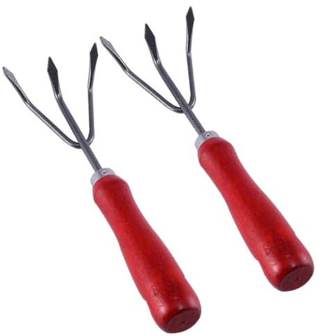 Garneck Rastrillo de Jardín Manual de 3 Dientes Mango de Madera Rojo, Herramienta Cultivadora Pequeña para Desherbar y Aflojar Tierra en Huerto y Jardinería (2 Unidades)